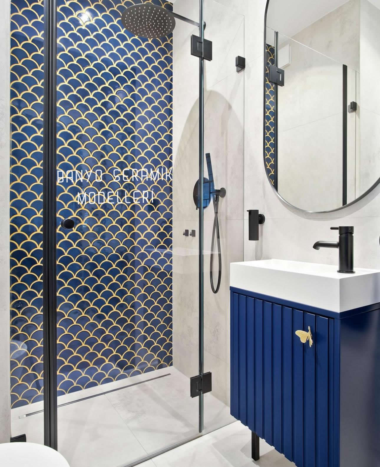 Banyo Seramik Modelleri-BSM-003, Balık Pulu Mavi Desen Banyo Seramik Görselleri