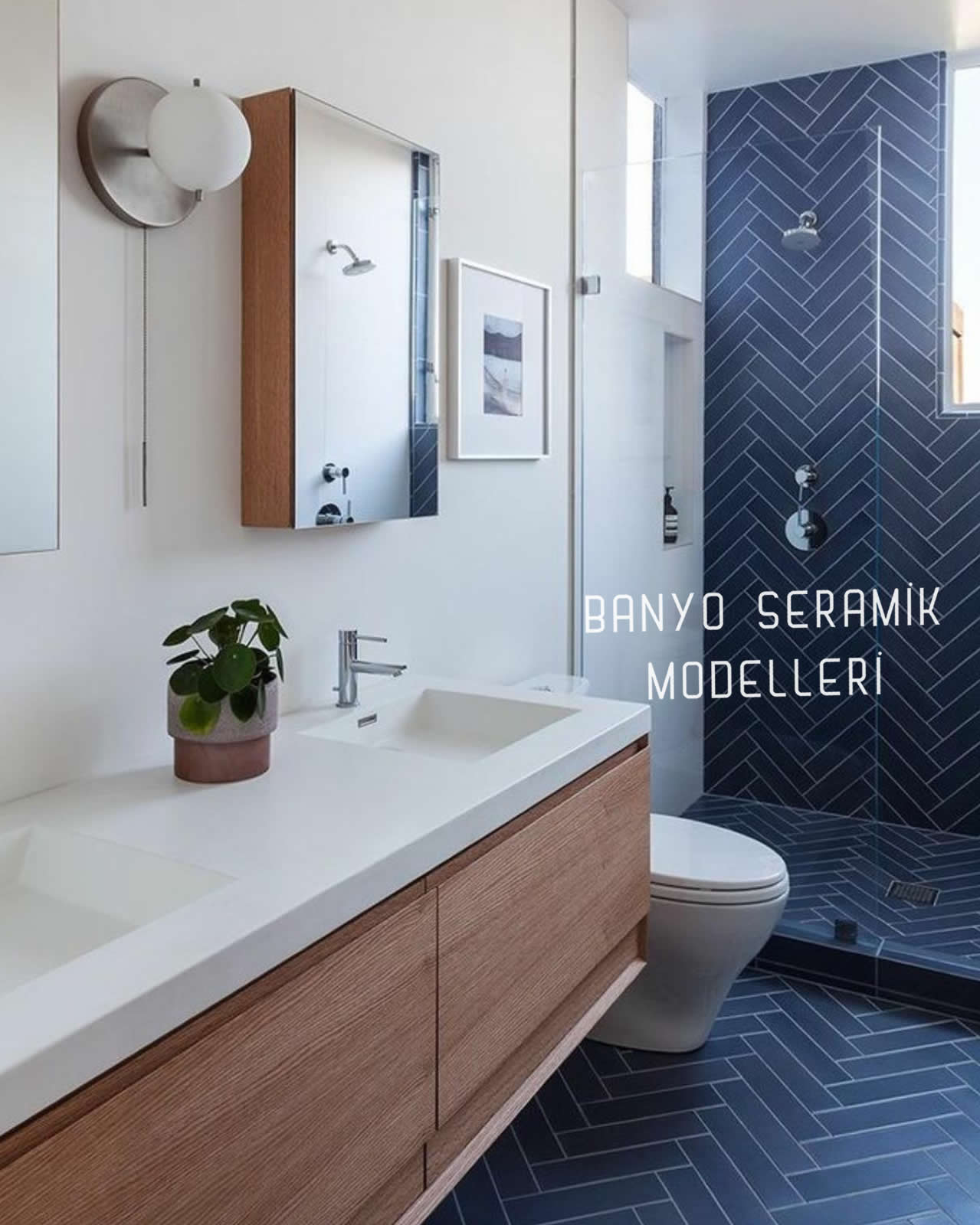Banyo Seramik Modelleri-BSM-008, 10x30 Balık Sırtı Seramik Mavi Desenli